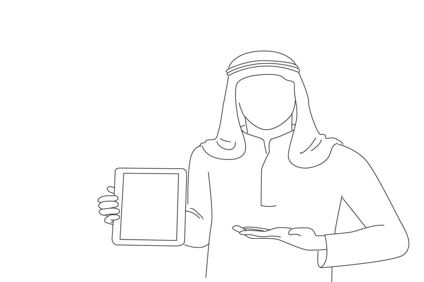 Drawing of handsome young man holding digital tablet and pointing copy space. One line art vector