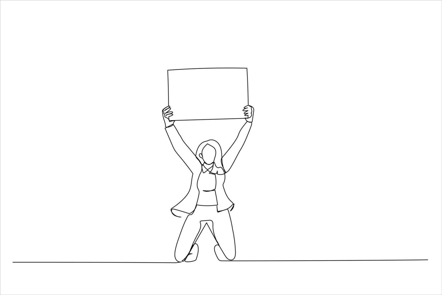 Cartoon of excited woman holding up white blank panel with space for text. Continuous line art vector