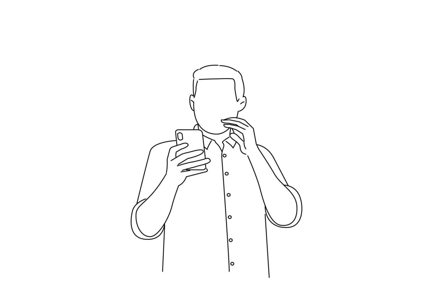 Drawing Of Business Man Looking At Smartphone Display With Scared Face