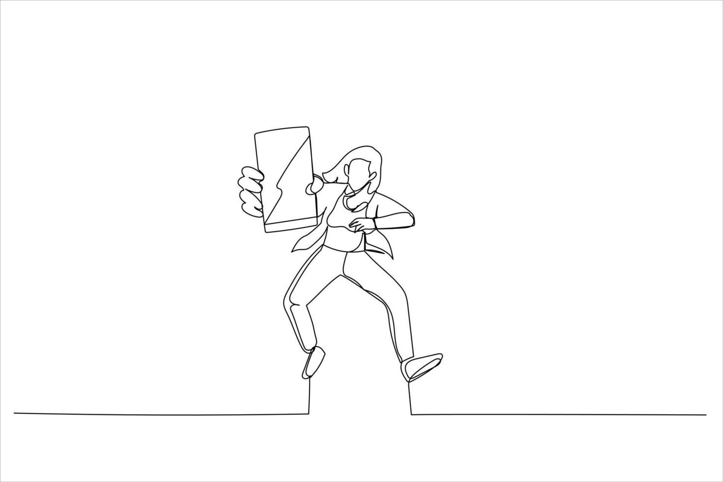 Drawing of closeup of smartphone with blank screen in jumping. Single line art style vector