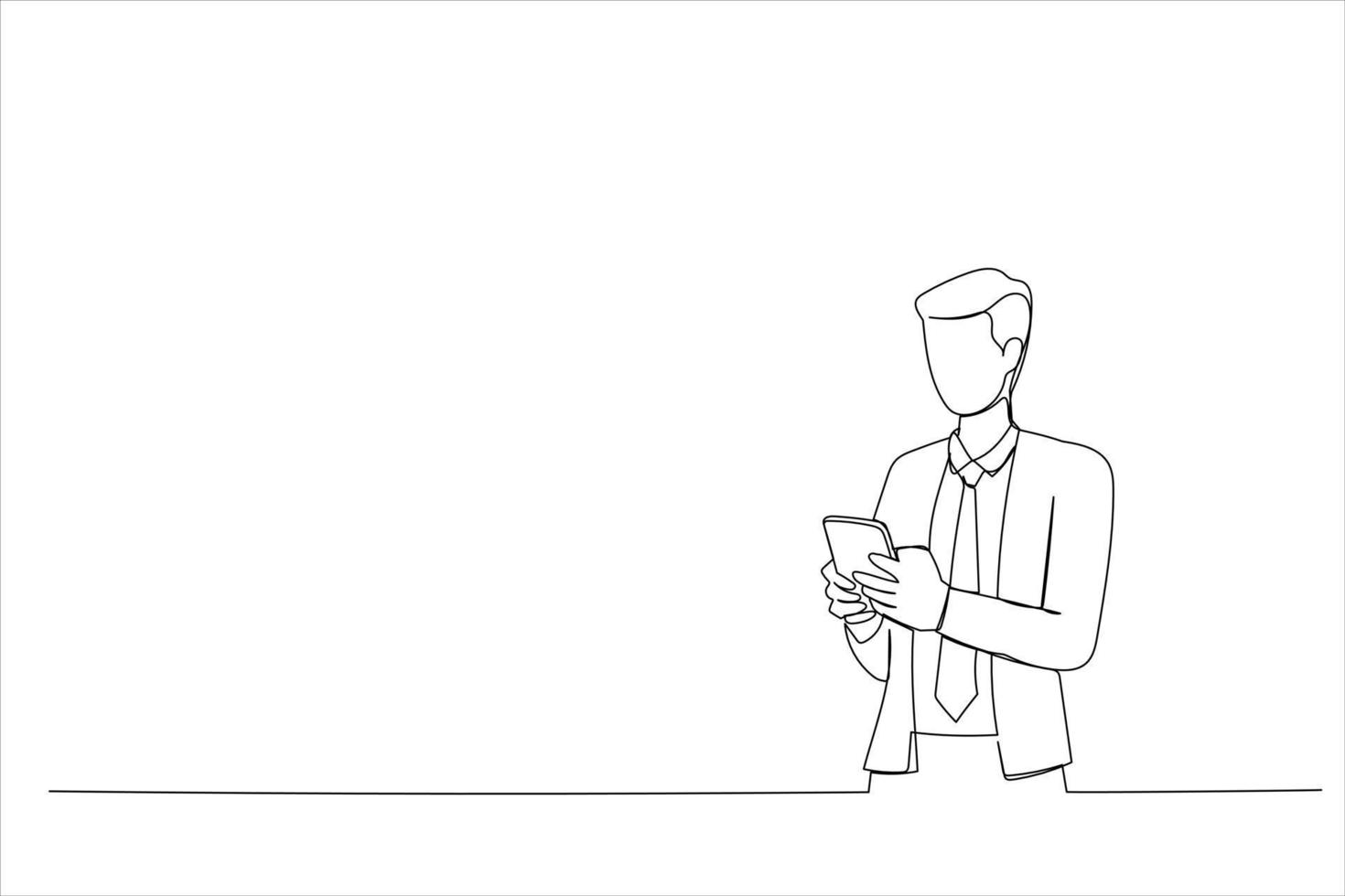 Drawing of business man using cell phone. Having Conversation, typing sms or presenting. Single line art style vector