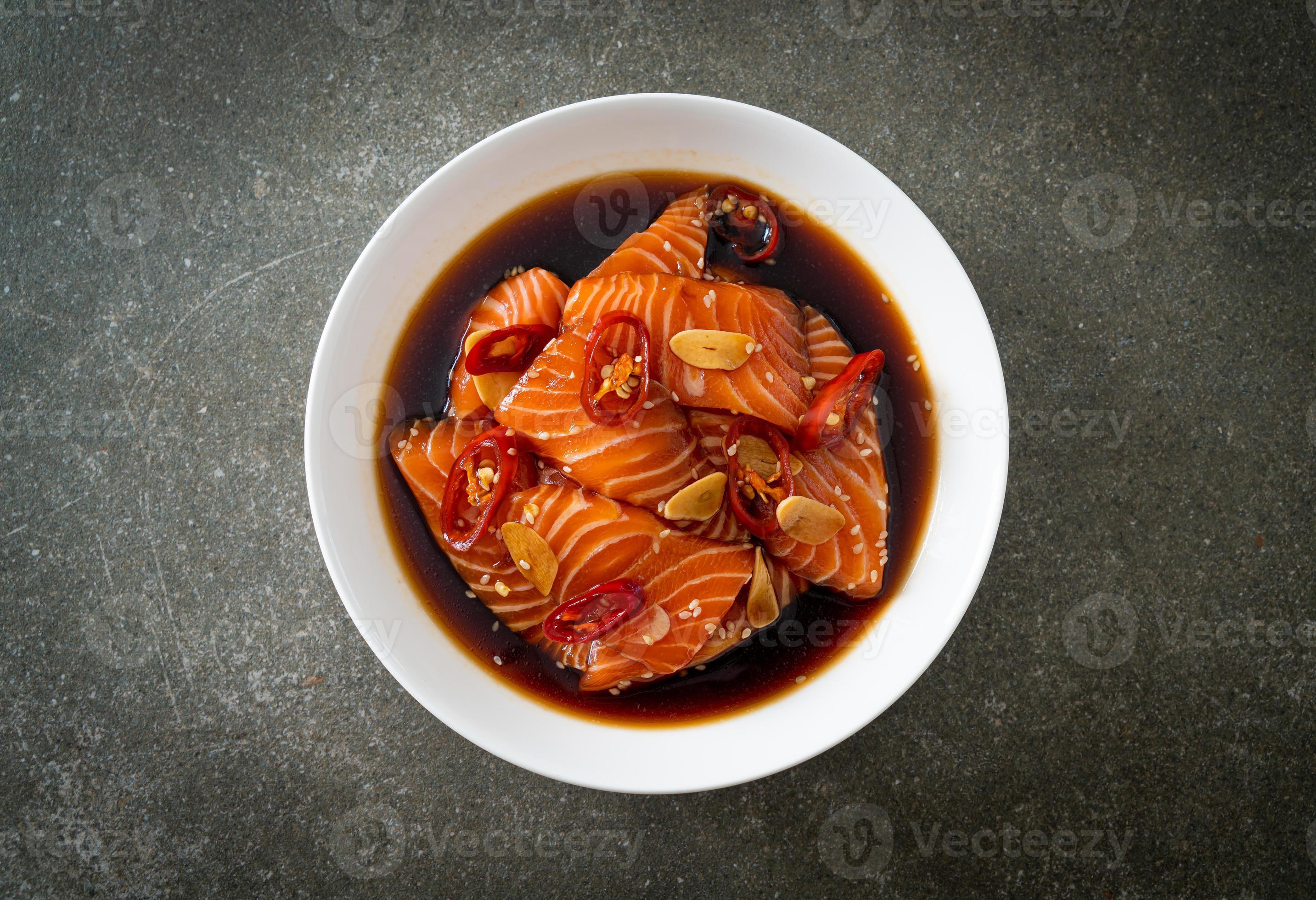 fresh salmon raw pickled in shoyu sauce 10776367 Stock Photo at Vecteezy