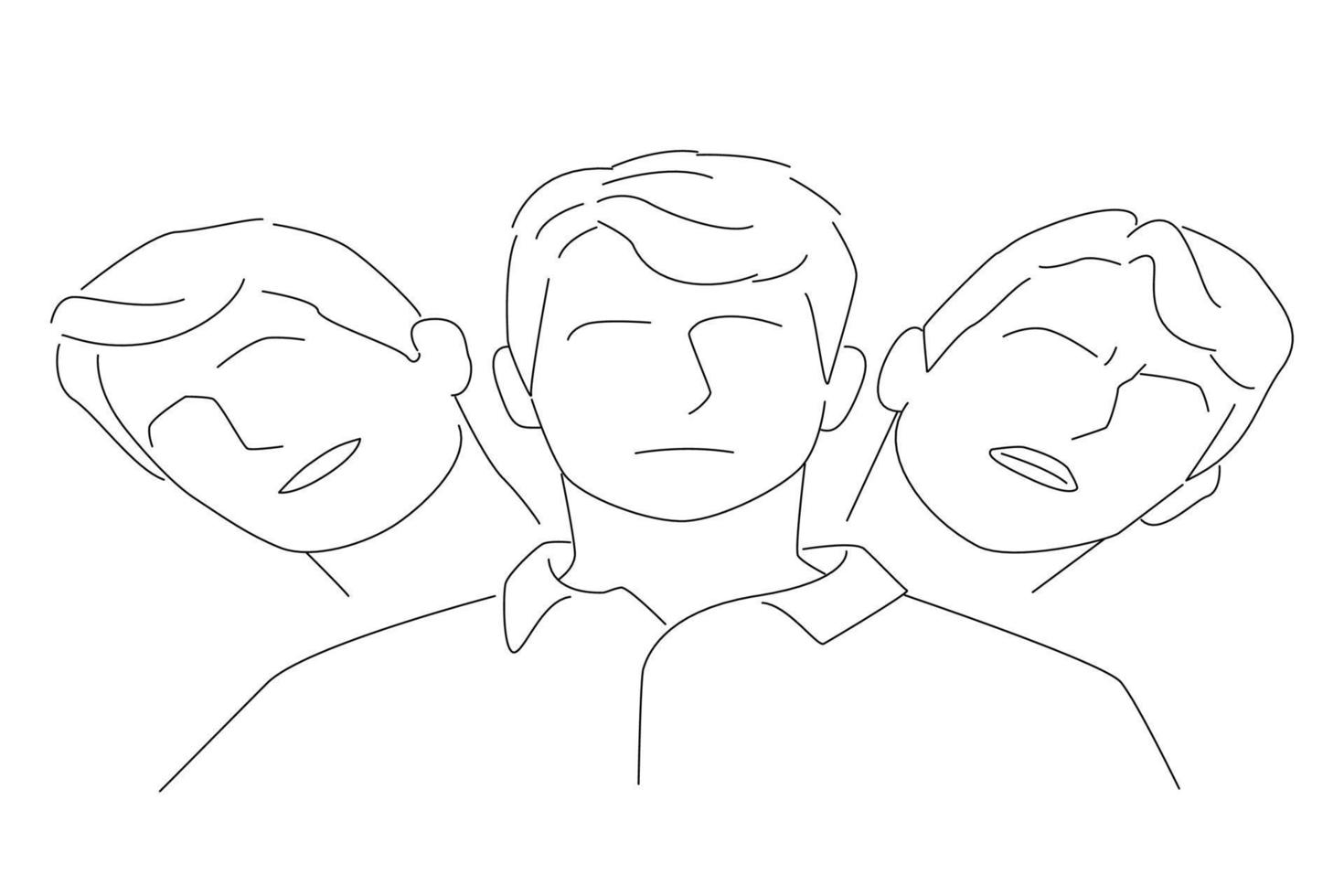Cartoon of man with a blank stare is looking directly ahead as his split personalities emit. One line art vector