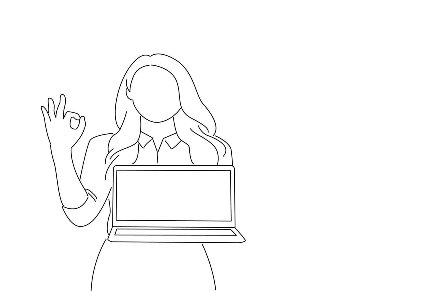 Drawing of asian businesswoman holding blank screen laptop computer and showing ok isolated over white background. Oneline art drawing style vector