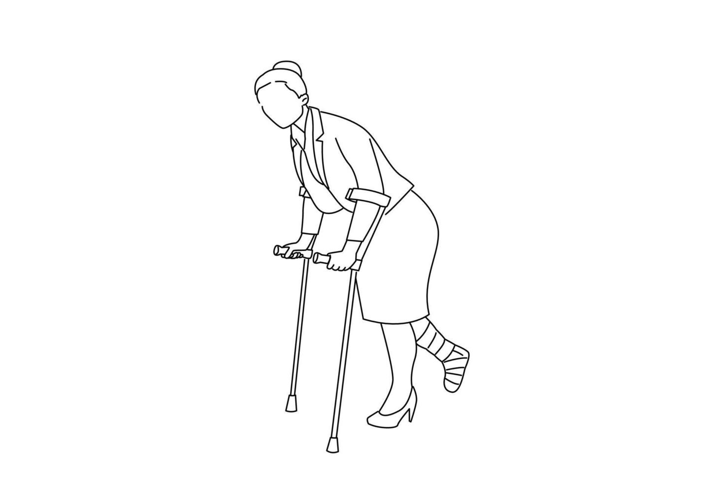 Illustration of sad young business woman in business clothes with broken leg and crutches. Outline drawing style art vector