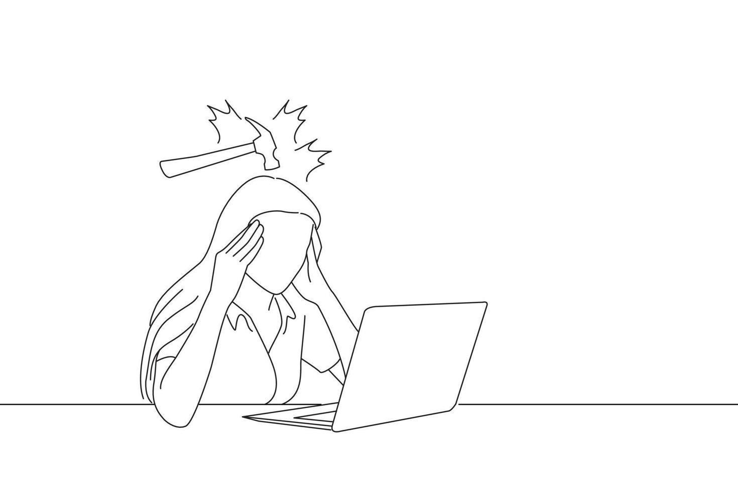 Cartoon of stressed woman suffering migraine with a laptop sitting in a table at home. Line art style vector