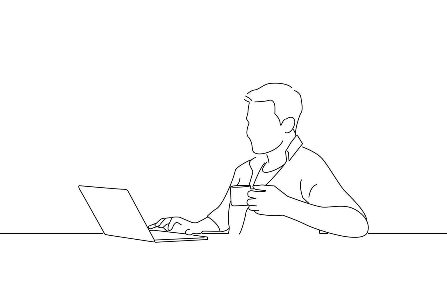 Drawing of businessman working on his laptop while drinking coffee. One line art vector