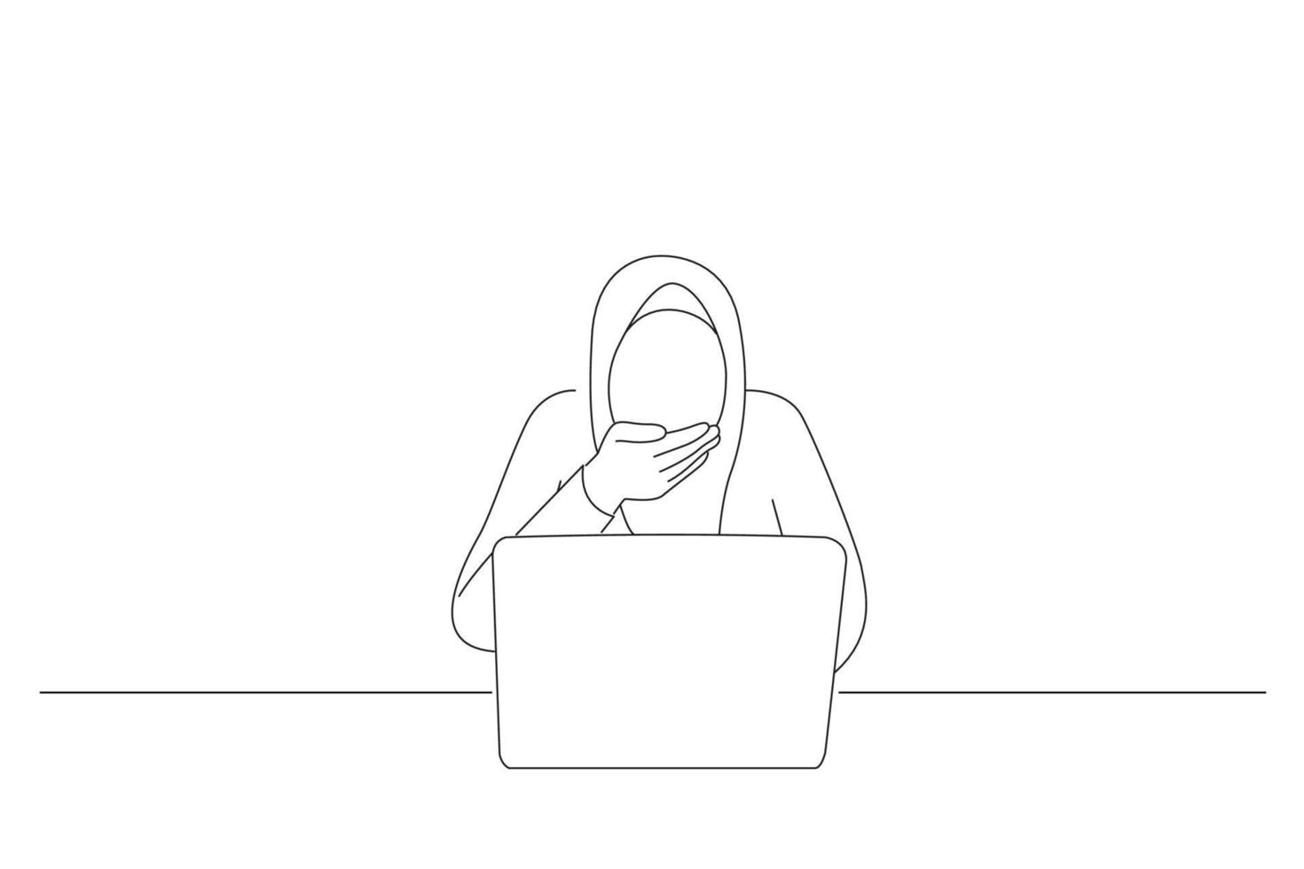 Drawing of muslim businesswoman wearing hijab shocked stunned when looking at laptop. Outline drawing style art vector