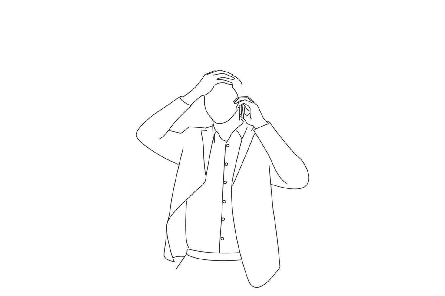 Illustration of handsome businessman standing at street, talking on a mobile phone and having bad conversation. Oneline art drawing style vector