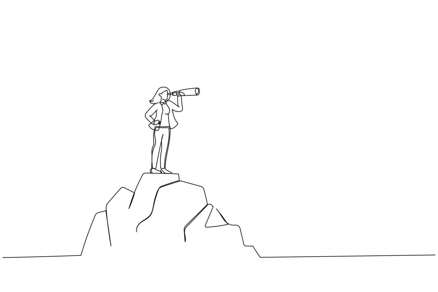 Cartoon of woman standing on top of mountain, Looking of success. Business finance, leadership, business Startup. Single continuous line art style vector