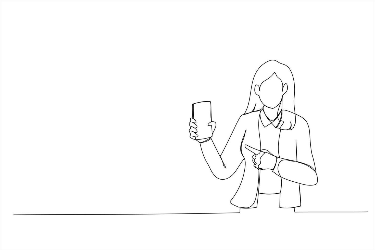 Cartoon of seller recommending to buy new digital gadget device. Single continuous line art style vector