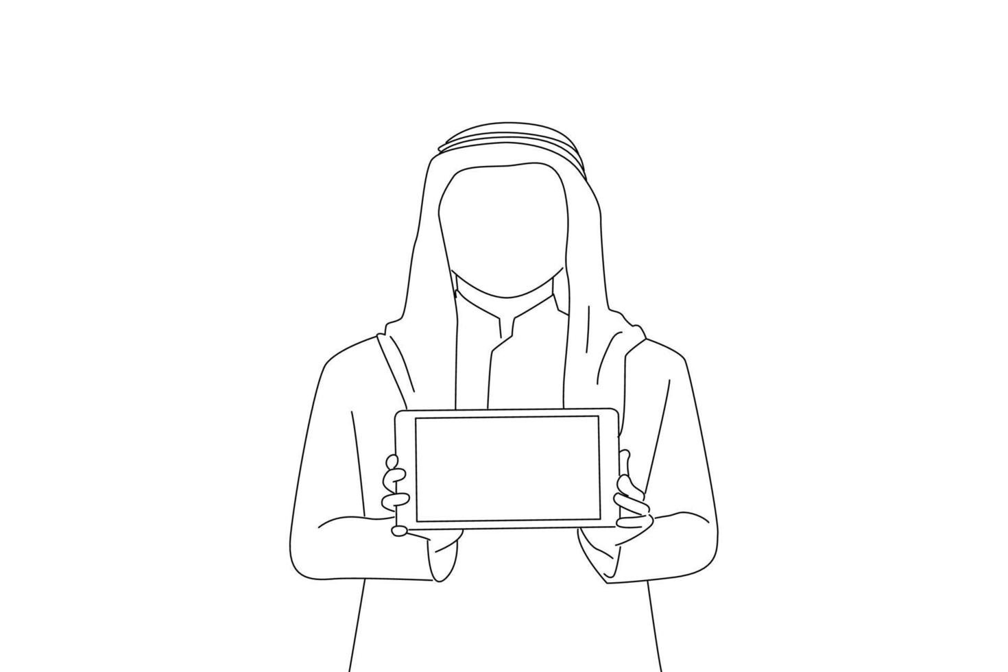 Cartoon of good looking asian man introduce application, project or financial presnetation, showing digital tablet screen. Oneline art drawing style vector