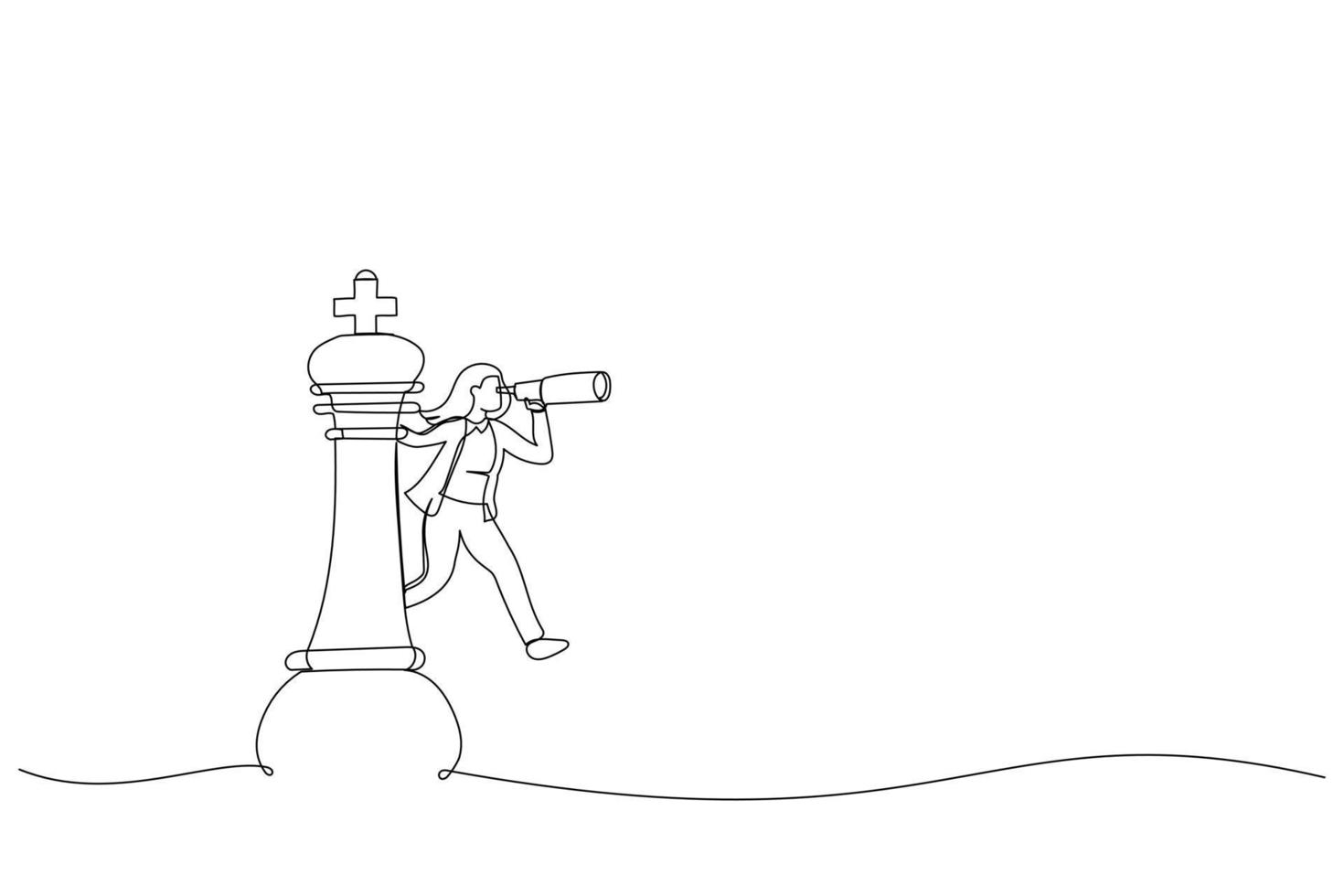 Cartoon of business woman leader on king chess piece using telescope to see business strategy. Business planning decision making concept. Single continuous line art style vector