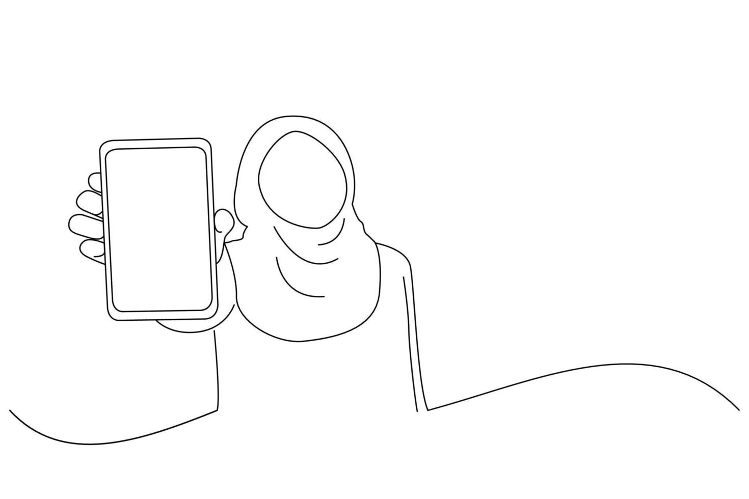 Cartoon of asian muslim woman looking at camera and shows her smart phone, phone mock up. Line art style vector