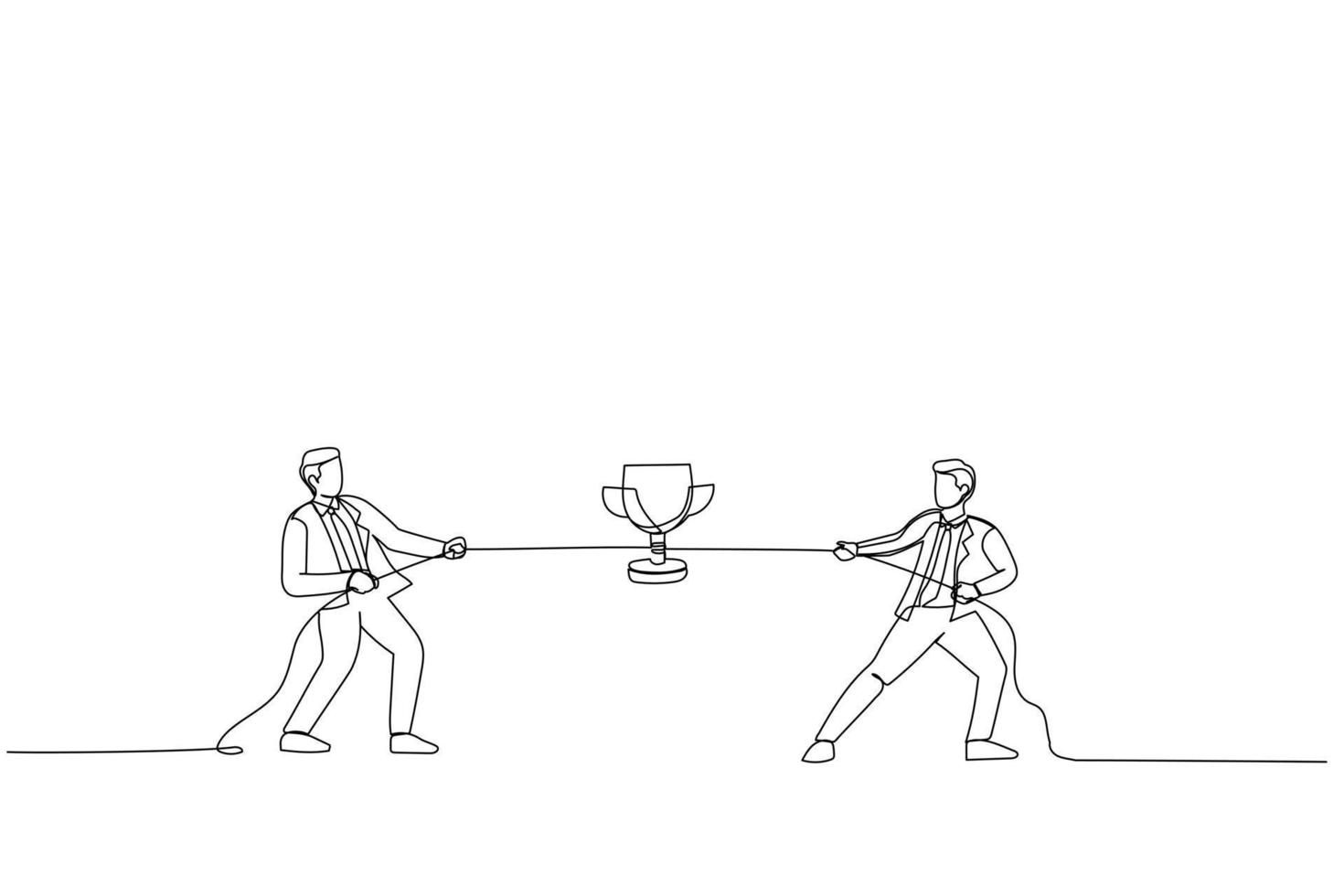 Cartoon of rivals pulling a rope, tug of war, fighting for the prize. Single continuous line art style vector