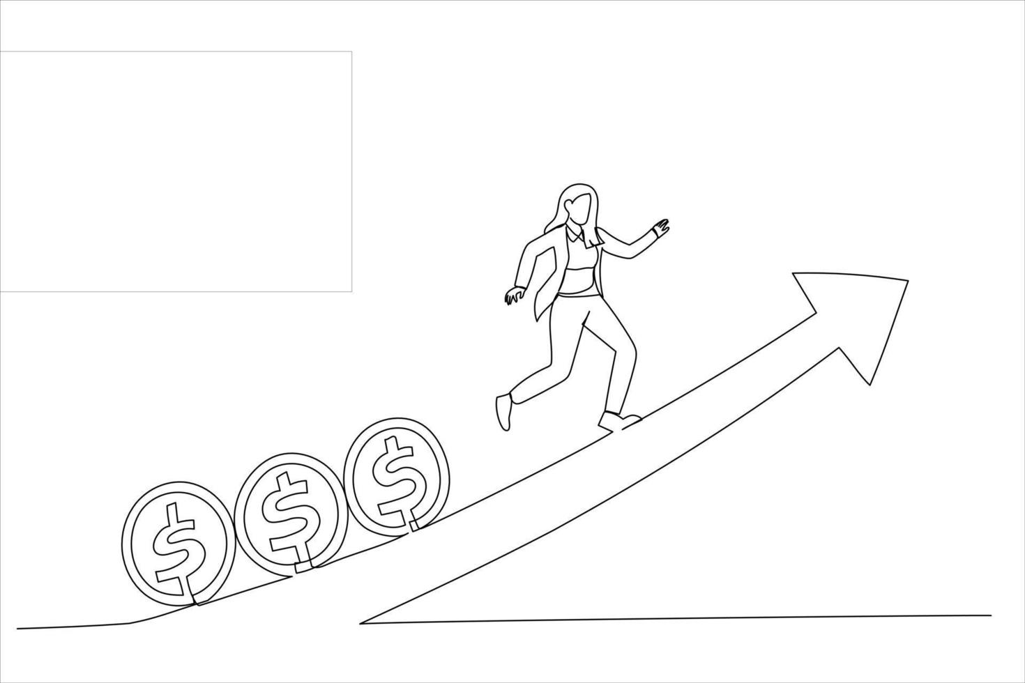 Illustration of fund manager holding flag lead money coins running up rising graph. Stock market growth or fund flow. One line art style vector