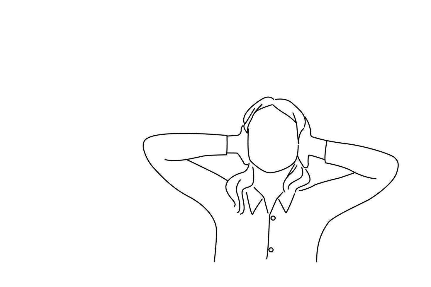 Drawing of unhappy stressed business woman covering her ears looking up stop making loud noise. Outline drawing style art vector