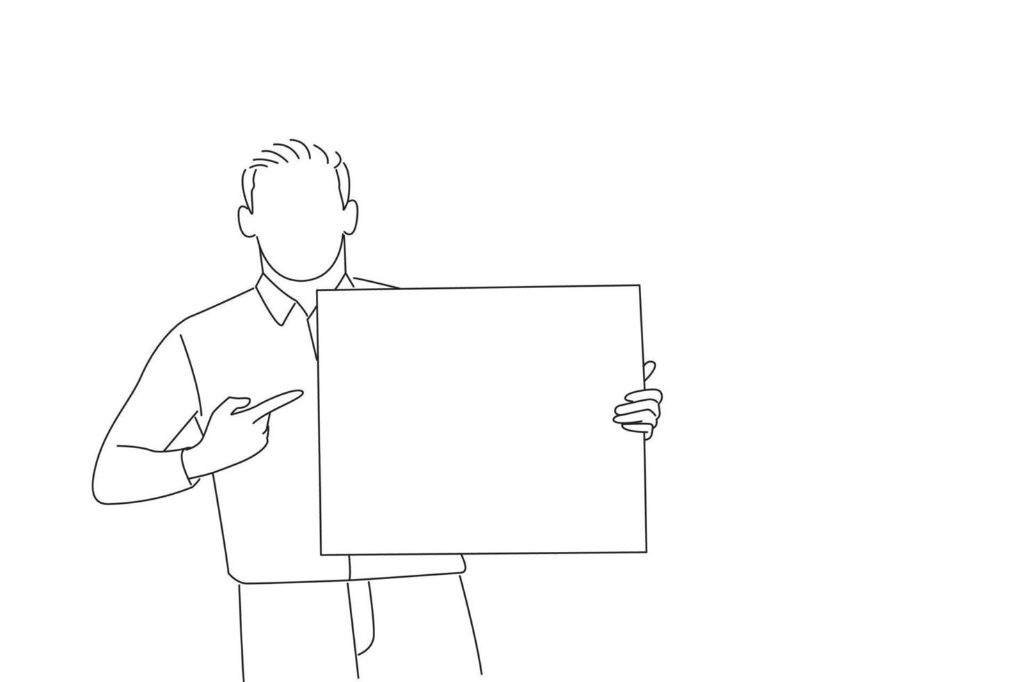 Cartoon of young man holding advertising banner very happy pointing with hand and finger. Outline drawing style art vector
