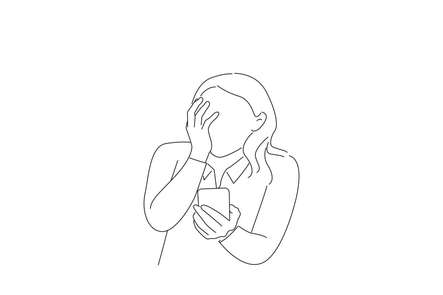 Drawing of scared young business woman looking at phone seeing bad news photos message with disgust. Outline drawing style art vector