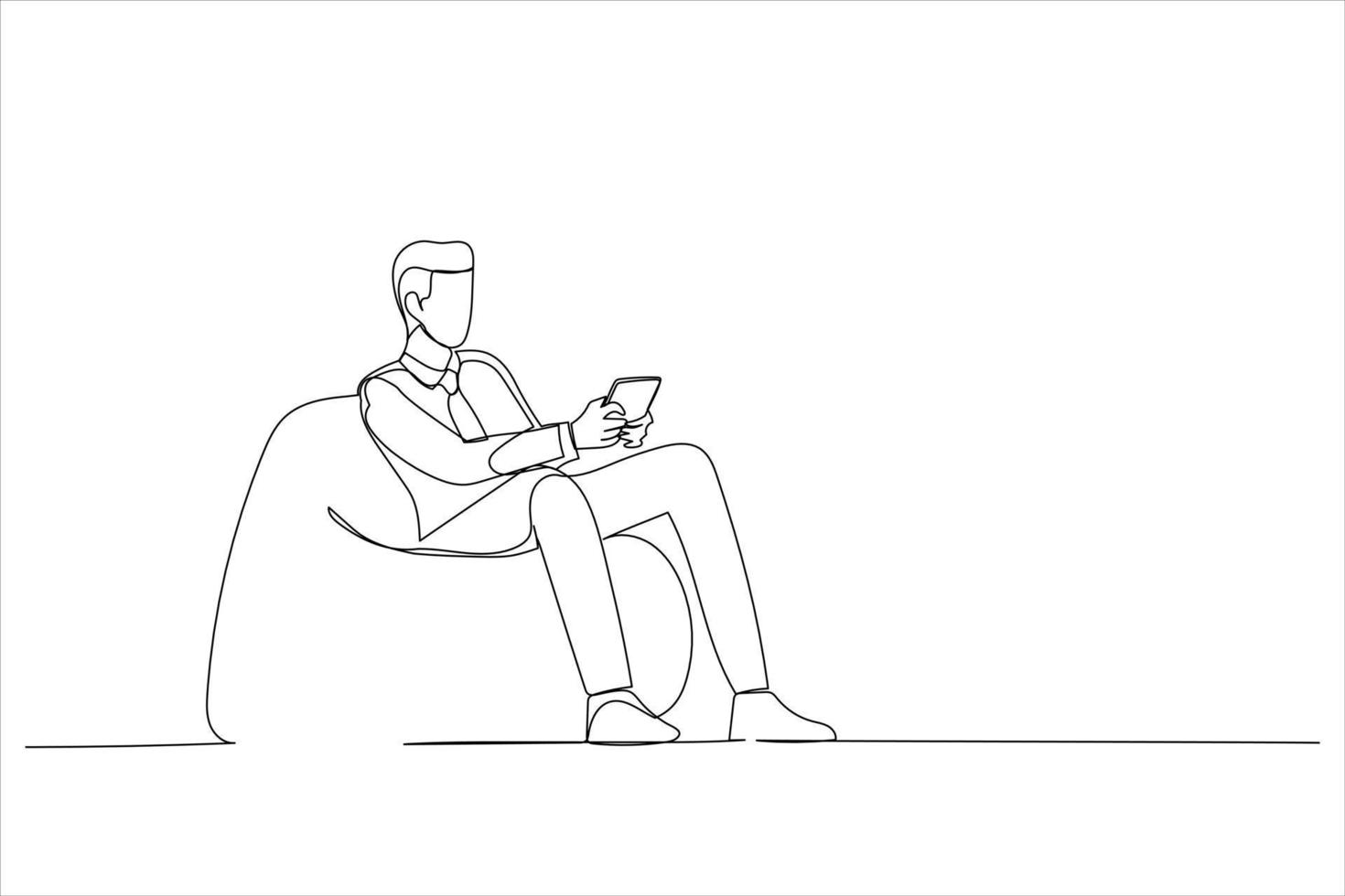 Cartoon of young man sitting comfy soft armchair holding telephone chatting colleagues. Single continuous line art style vector