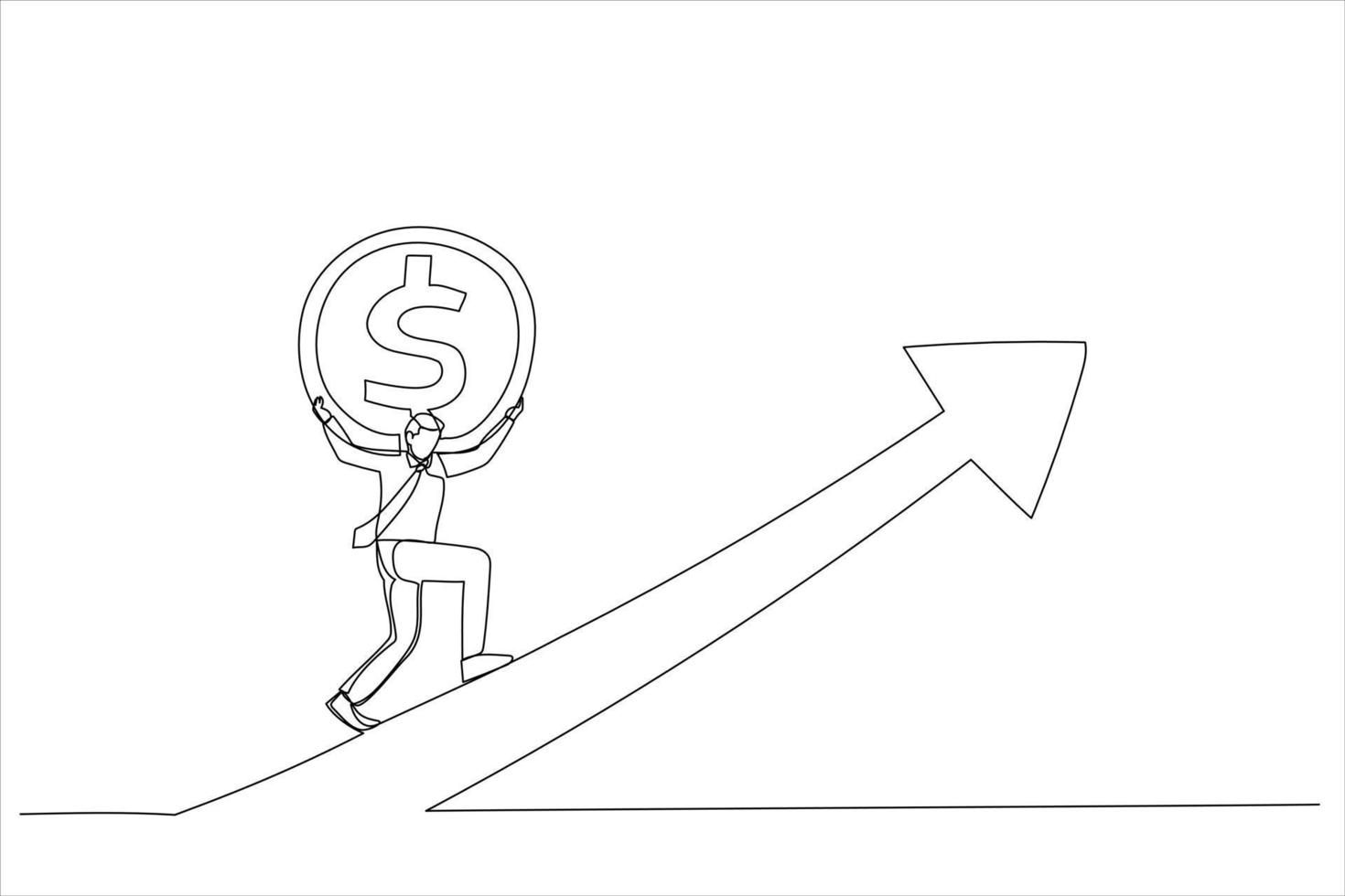 Cartoon of strong businessman investor carry money coin walk up rising up graph. Investment growth or earning rising up. Continuous line art style vector