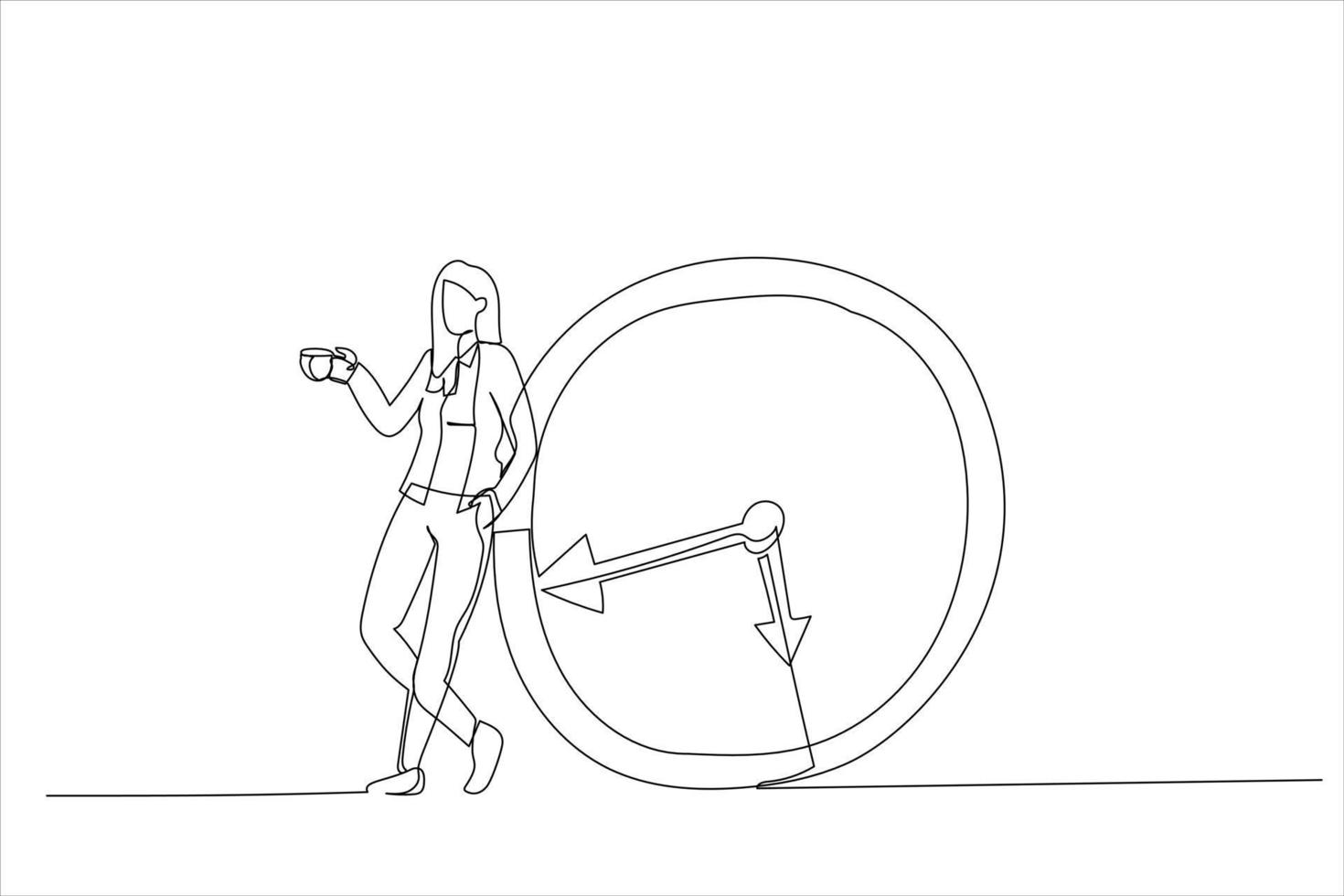 Illustration of relax businesswoman with a cup of coffee or tea with alarm clock. Time to take a break metaphor. One line art style vector