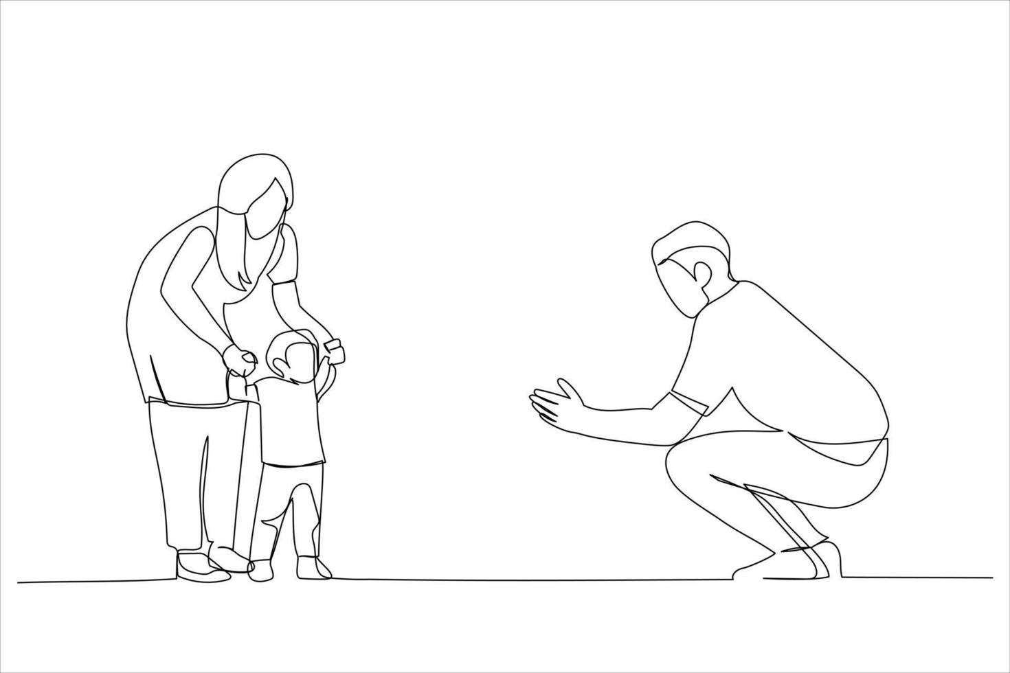 ilustración de familia feliz jugando y bebé aprendiendo a caminar en casa. estilo de arte de una línea vector