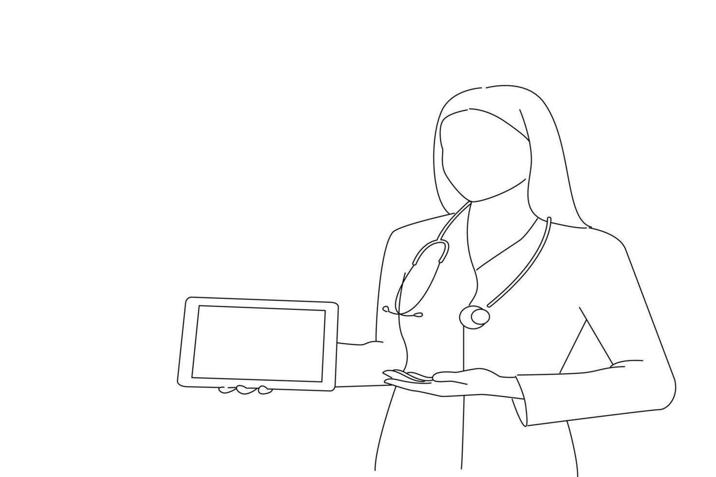 Illustration of young doctor in white coat showing the screen of digital tablet in her hand. Outline drawing style art vector