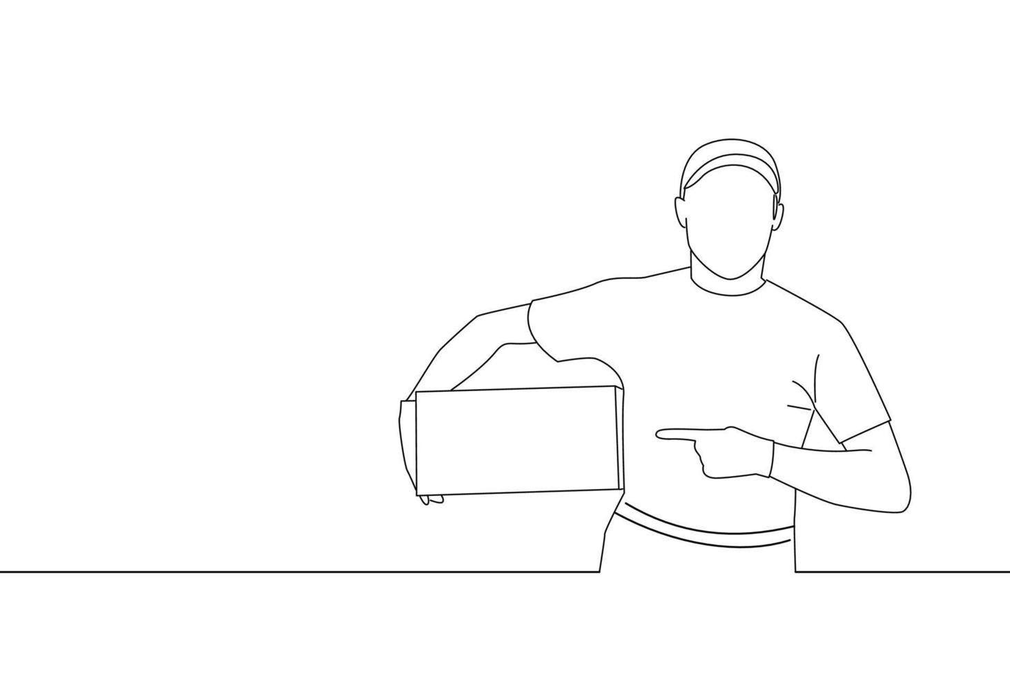 Illustration of delivery man employee hold cardboard package box and pointing it. One line art vector