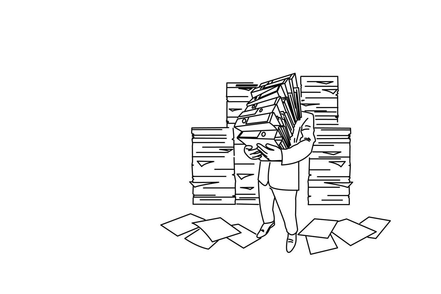 Illustration of Stressed man hold lots of paper and folder. Outline drawing style art vector