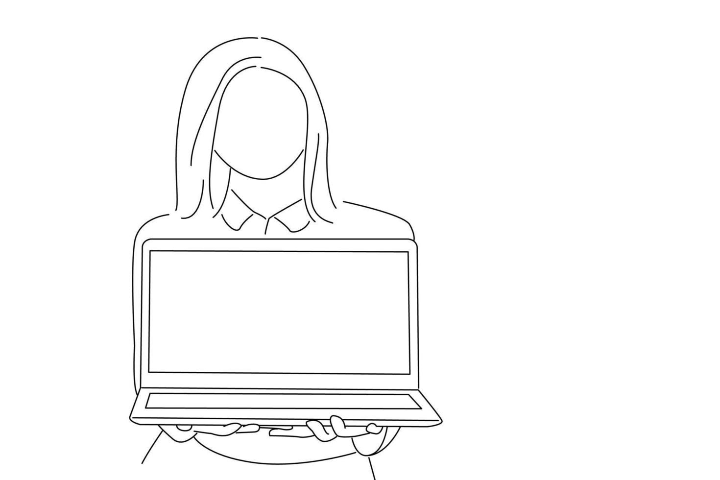 Cartoon of happy businesswoman showing blank laptop screen looking at camera. One line art vector