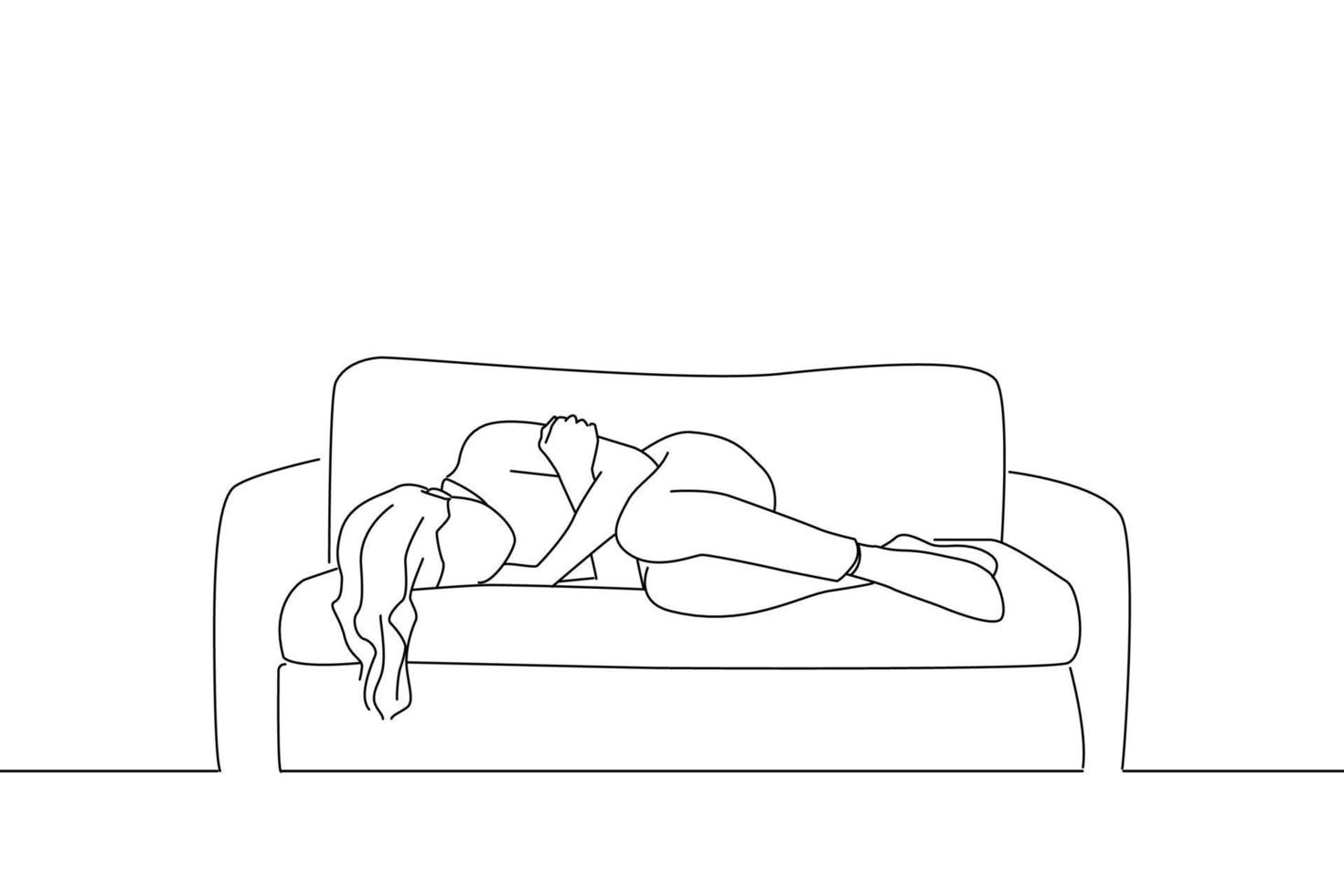 Cartoon of sad depressed woman with crossed arms lying on couch at home crying, feeling loneliness. Line art style vector