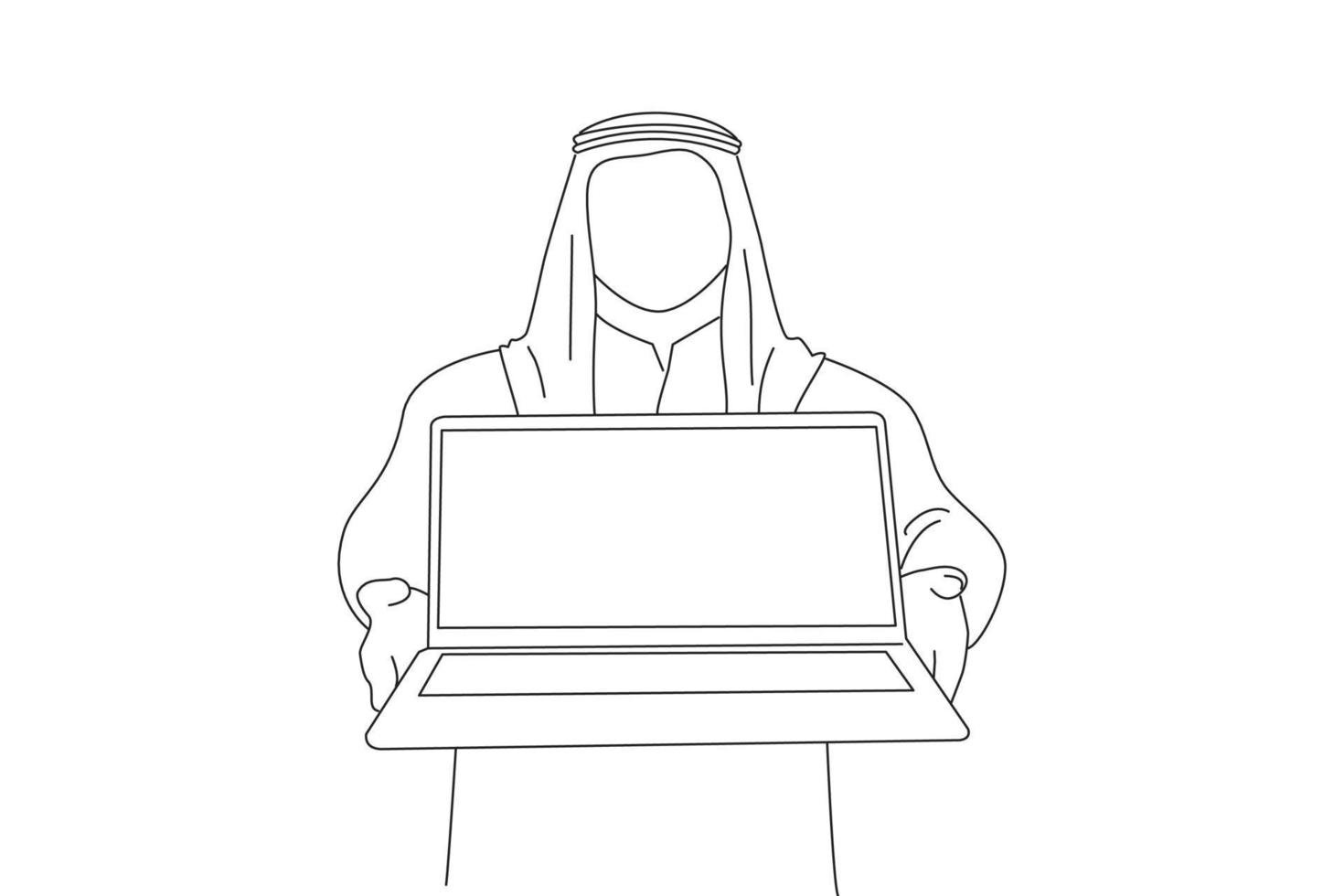 Drawing of happy millennial arab businessman holding laptop computer with black blank screen, showing free space for your mockup design. One line art vector