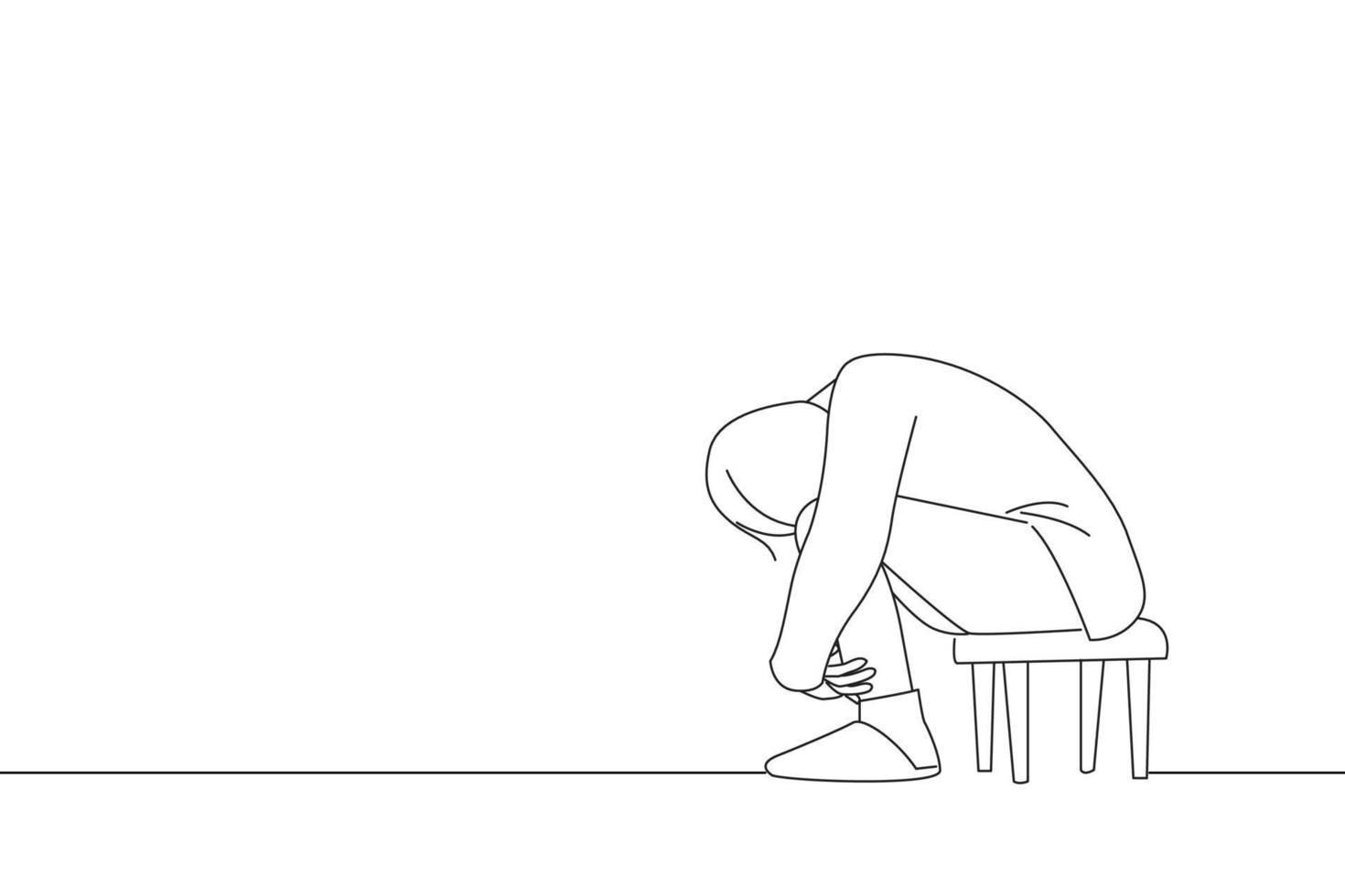 Cartoon of woman sitting alone and depressed. Line art style vector