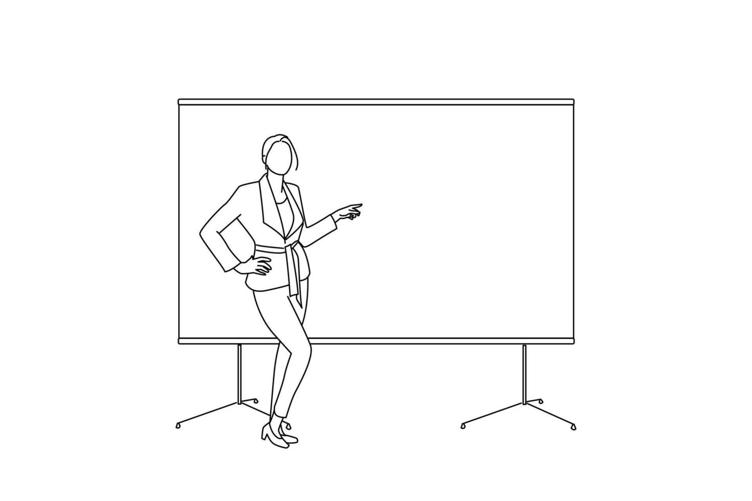 Cartoon of business woman near the whiteboard points to the copy space, showing presentation. One line art vector