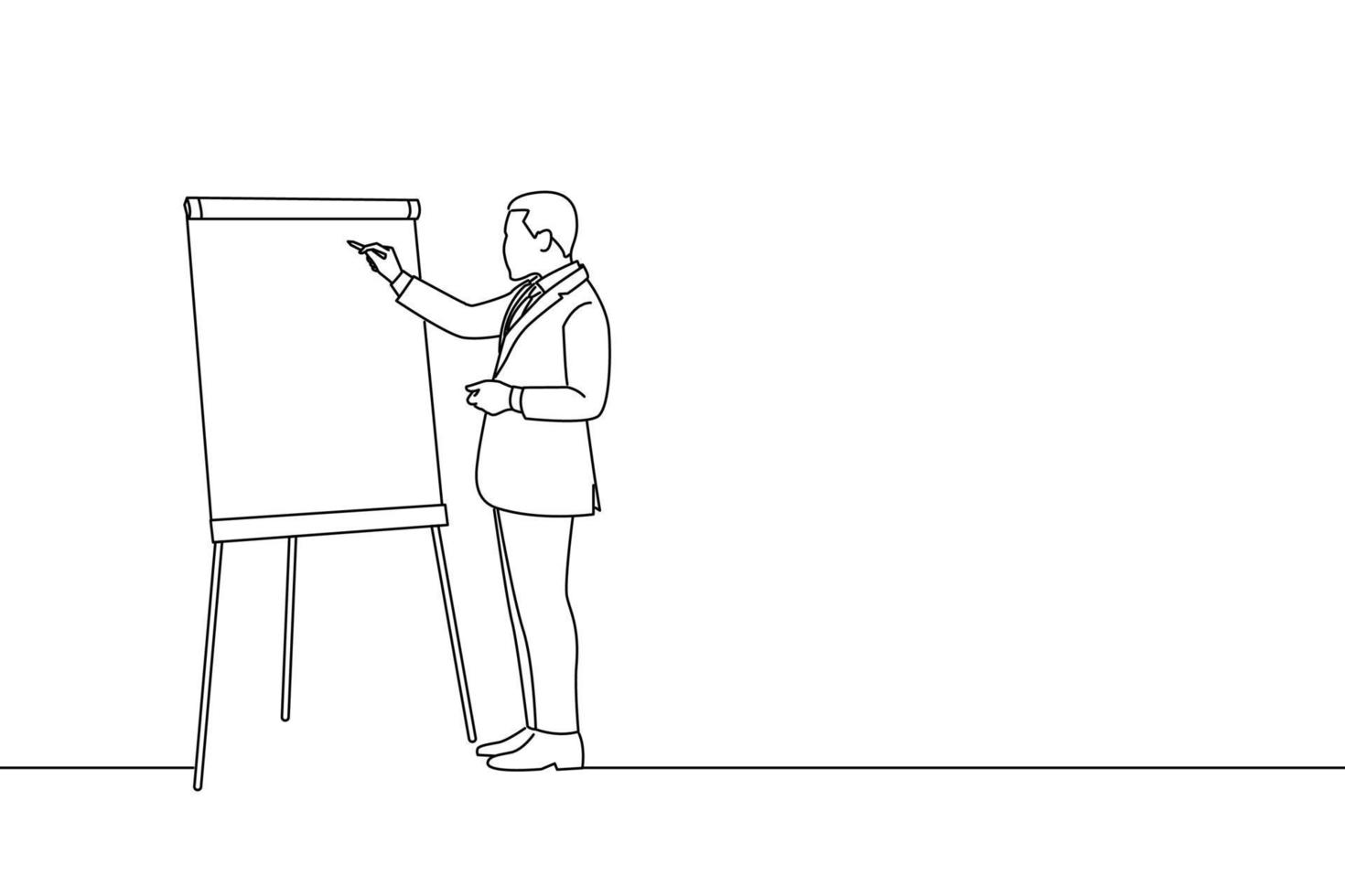 Drawing of businessman talk make whiteboard presentation for employees in modern office. Outline drawing style art vector