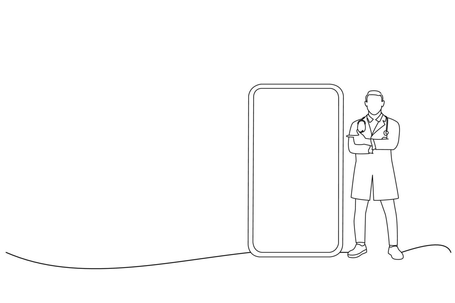 Illustration of Male Physician In White Uniform Pointing Finger At Big Phone Screen. Vertical Mockup Banner. Telemedicine. Line art style vector