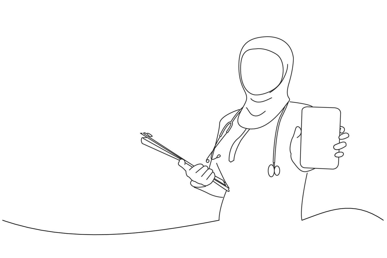 Drawing of nurse wearing hijab in work dress showing mobile phone. One line art vector