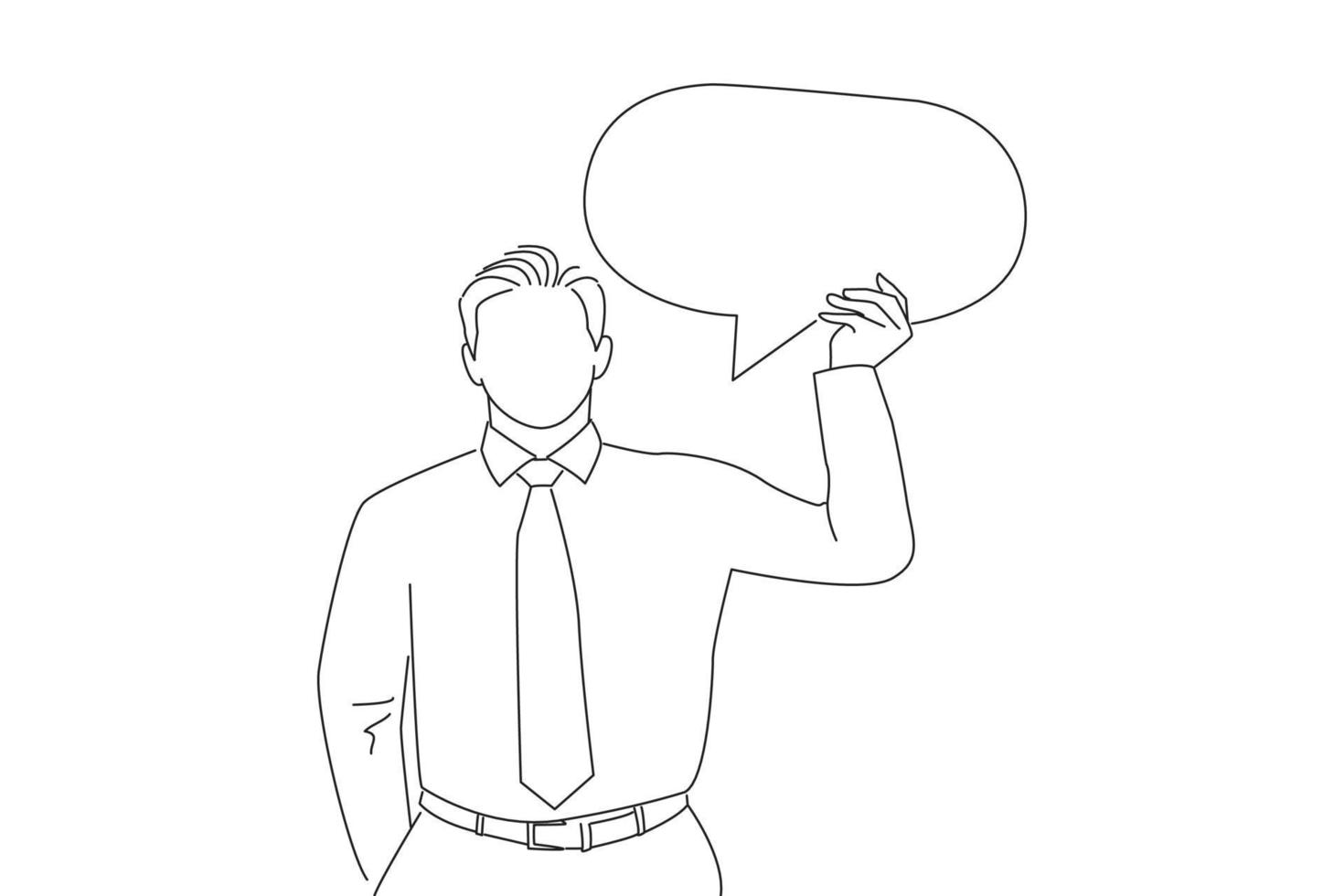 Cartoon of businessman holding a yellow speech bubble on white. One line art vector