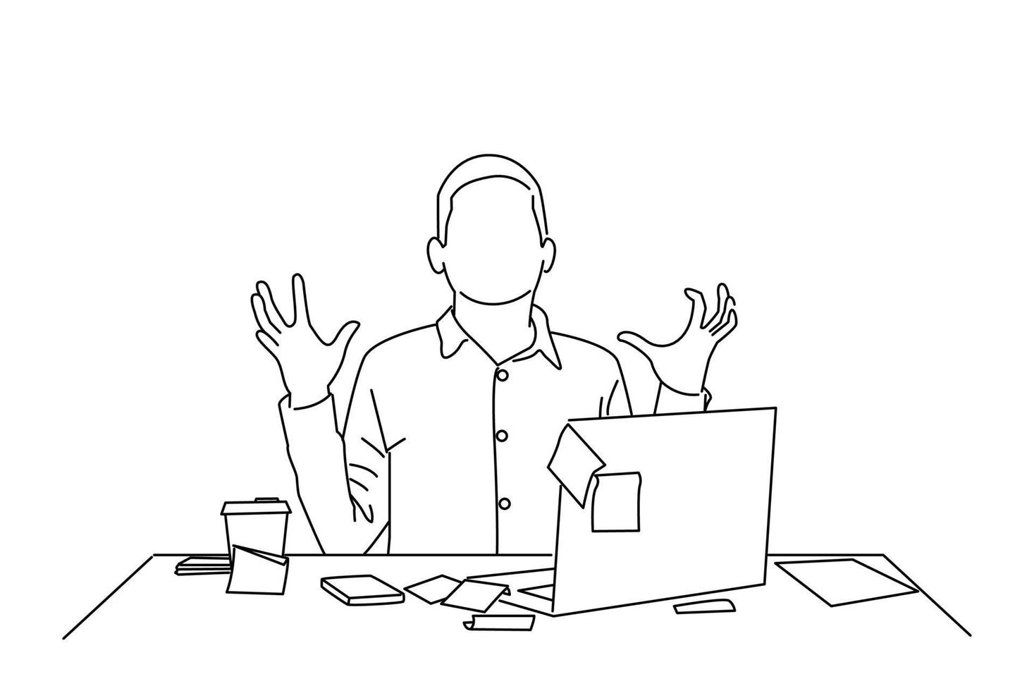 Drawing of Mad crazy man employee sitting in office workplace with sticky notes all around. Outline drawing style art vector