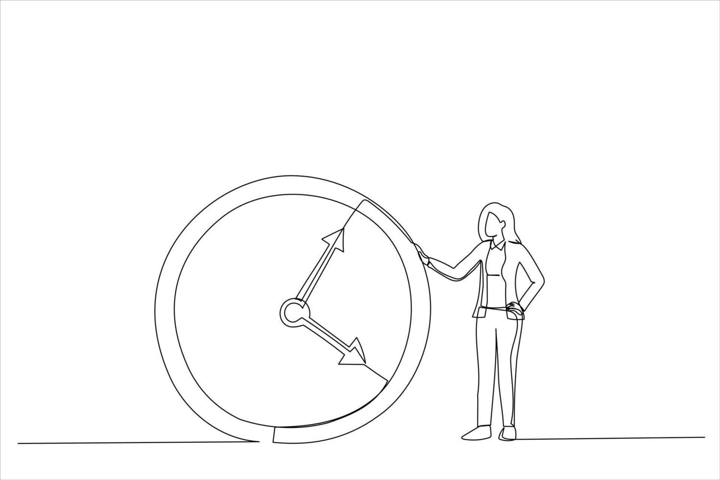 Drawing of businesswoman or manager is standing near a big clock. Time management concept. Single line art style vector