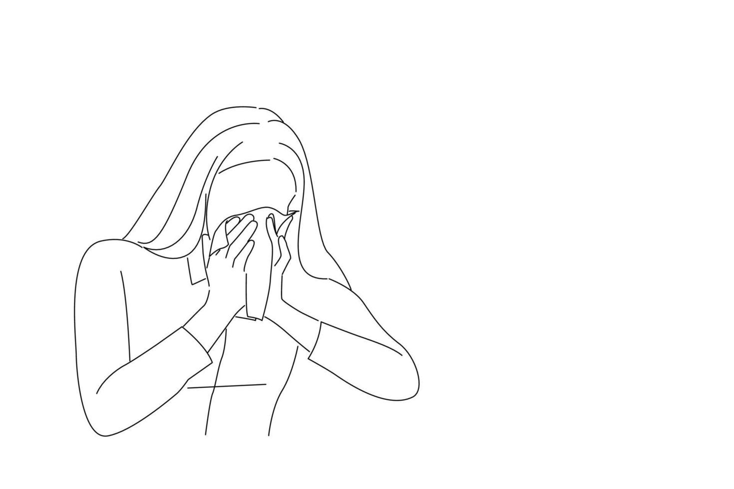 Drawing of young business woman got nose allergy, flu sneezing nose. line art style vector
