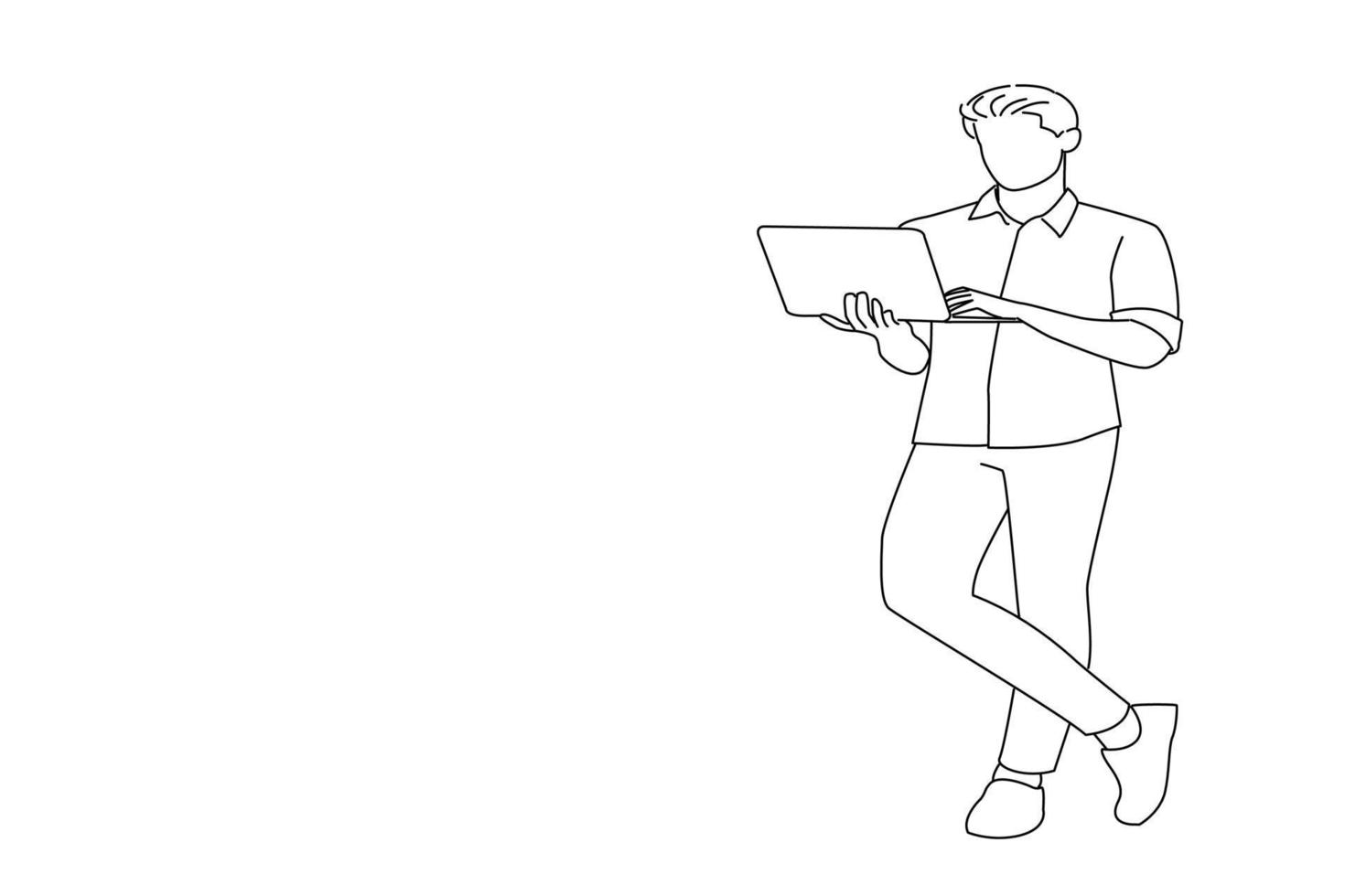 Illustration of serious male coworking manager standing confidently with legs crossed searching for news via internet connection isolated white background. One line art vector