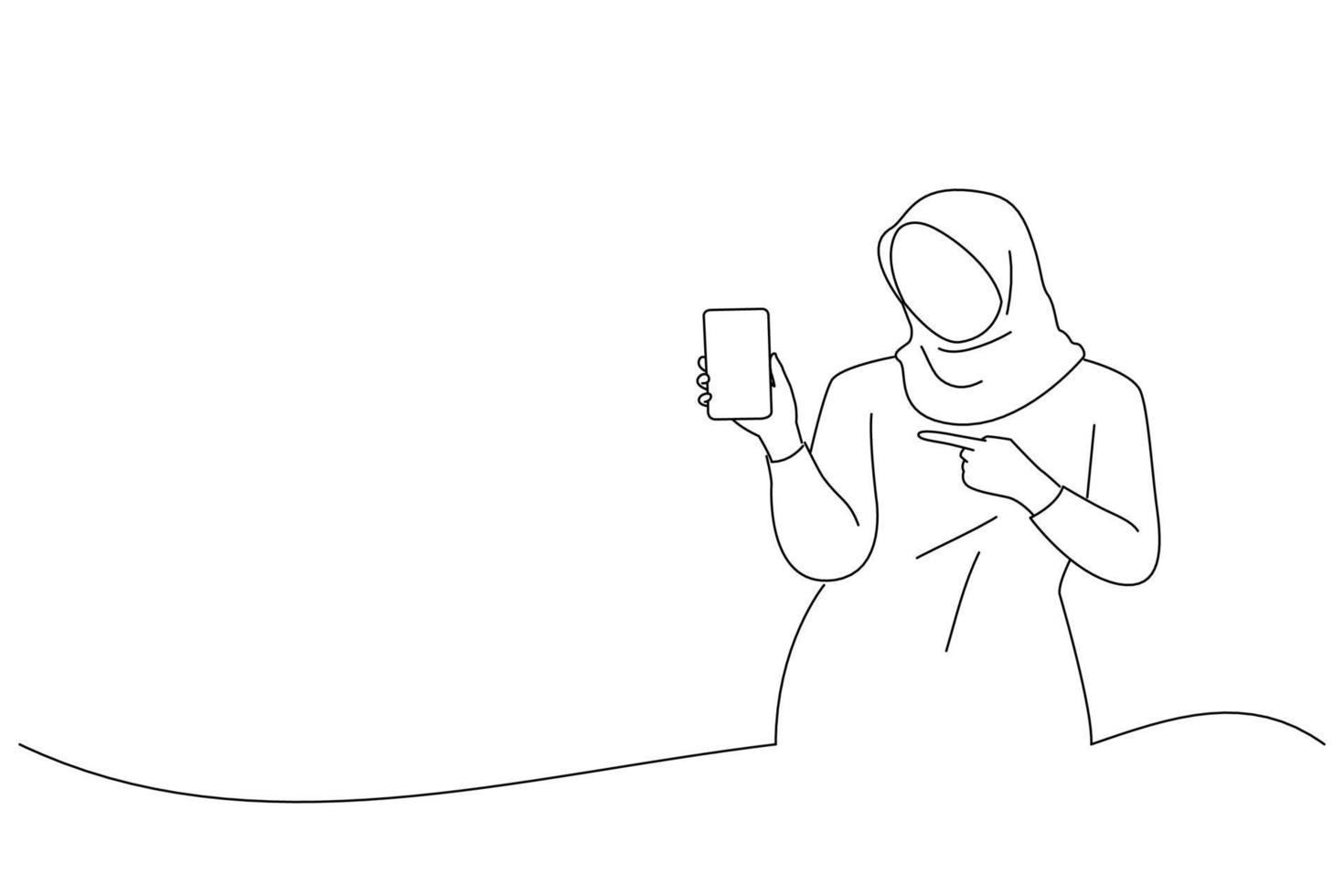 Cartoon of shocked beautiful Asian woman hijab pointing fingers at blank screen mobile phone. Oneline art drawing style vector