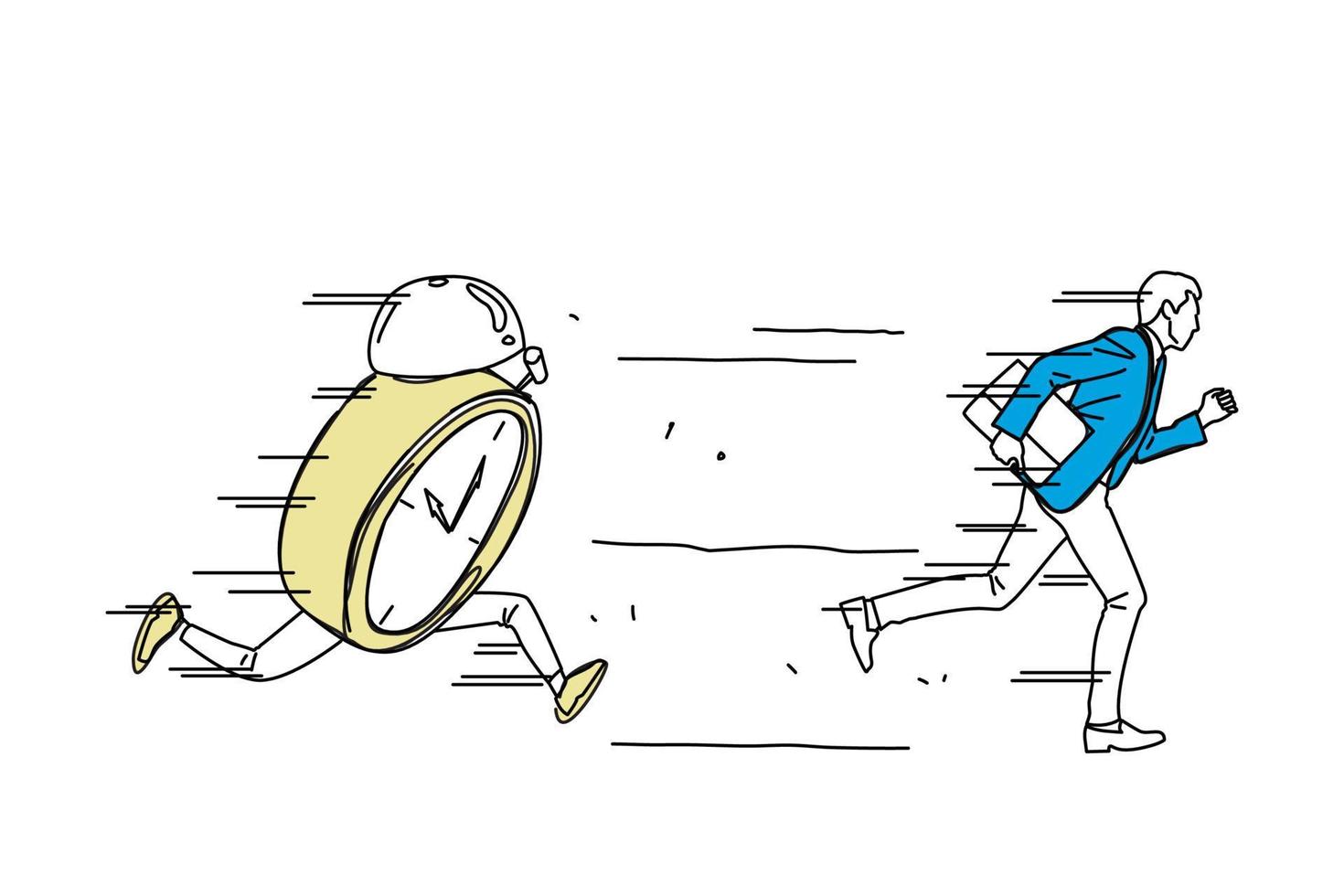 Illustration of running alarm clock chasing businessman. Time is up
