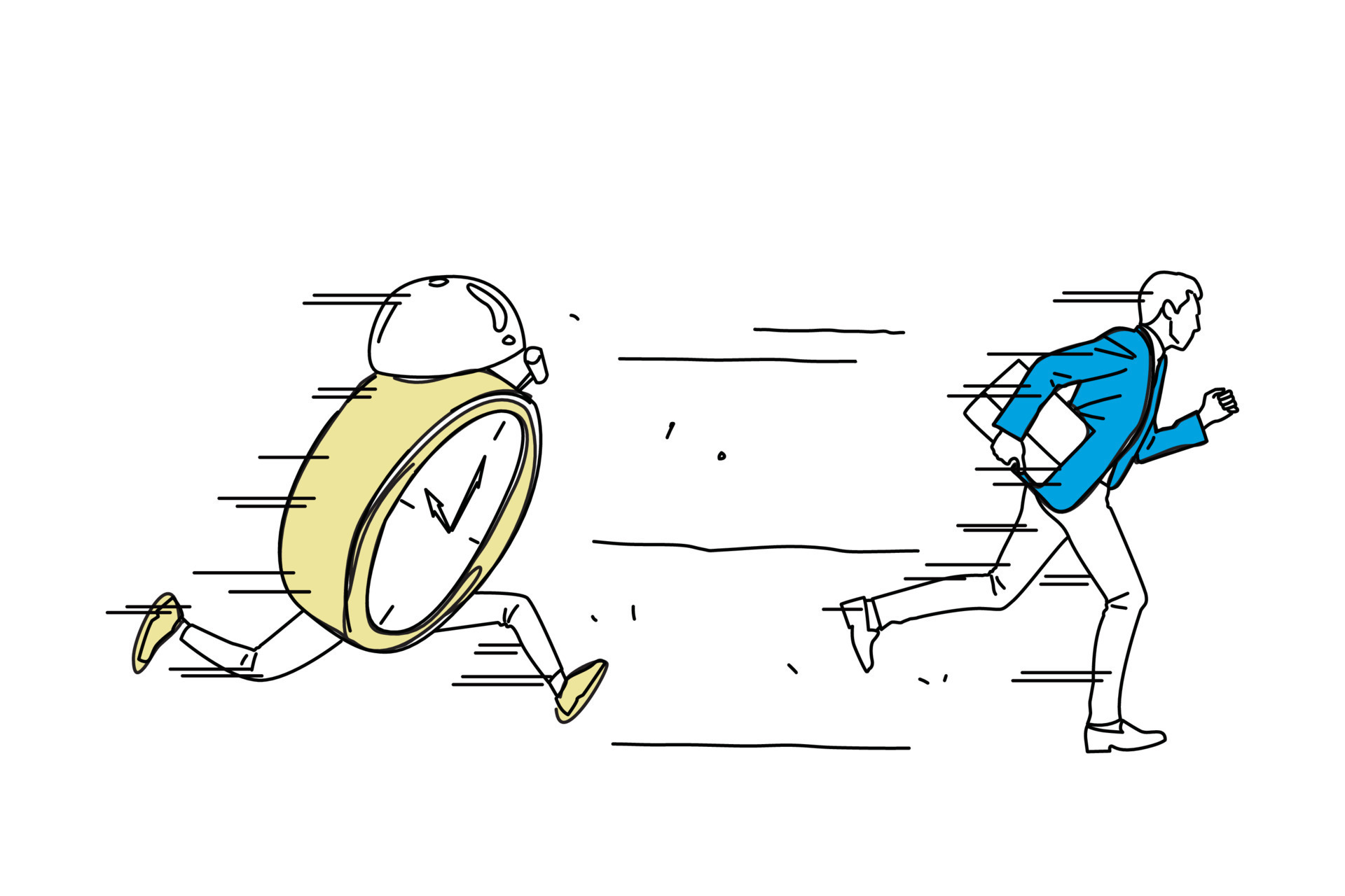 Illustration of running alarm clock chasing businessman. Time is up