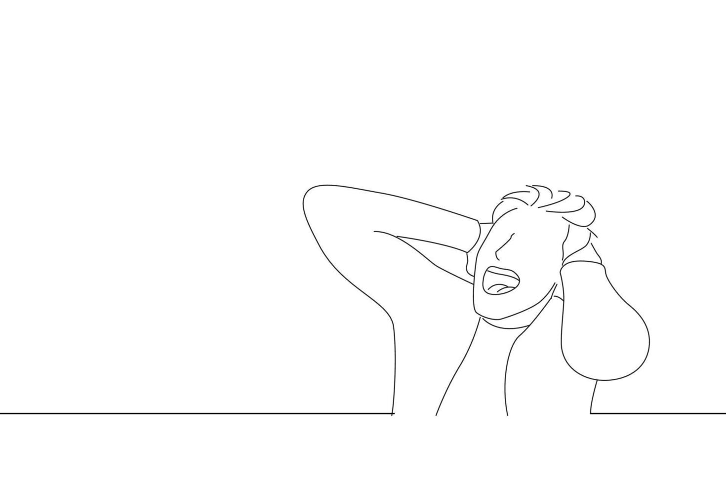 Drawing of enraged troubled man screaming in anger, crazy and mental. Line art style vector