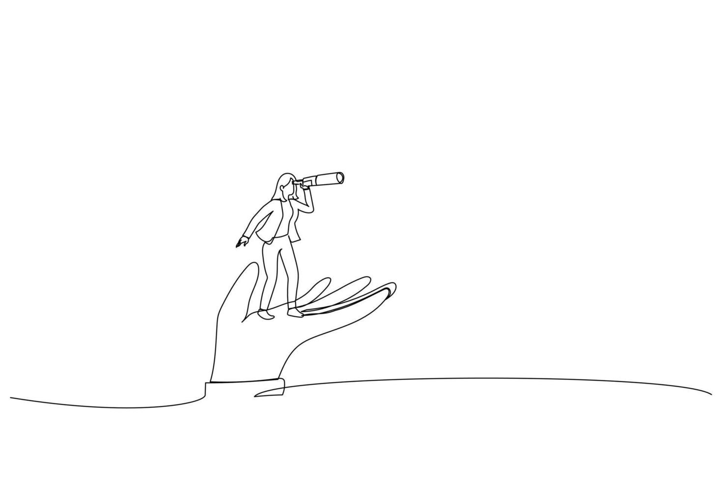 Cartoon of businesswoman stand on support hand look into telescope vision. Support or empowerment for career development. Single continuous line art style vector