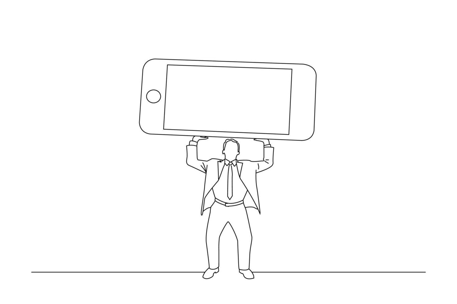 Cartoon of businessman balancing a giant cell smart phone over his head that has a blank screen for your images and text. One line art vector