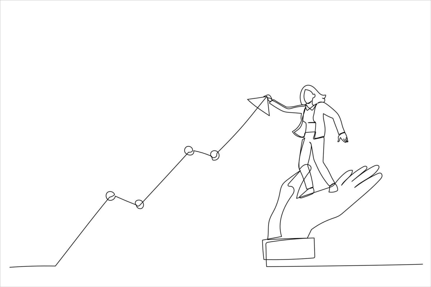 Cartoon of businesswoman standing on helping hand pull up rising graph. Drive sale increasing profit. Single continuous line art style vector